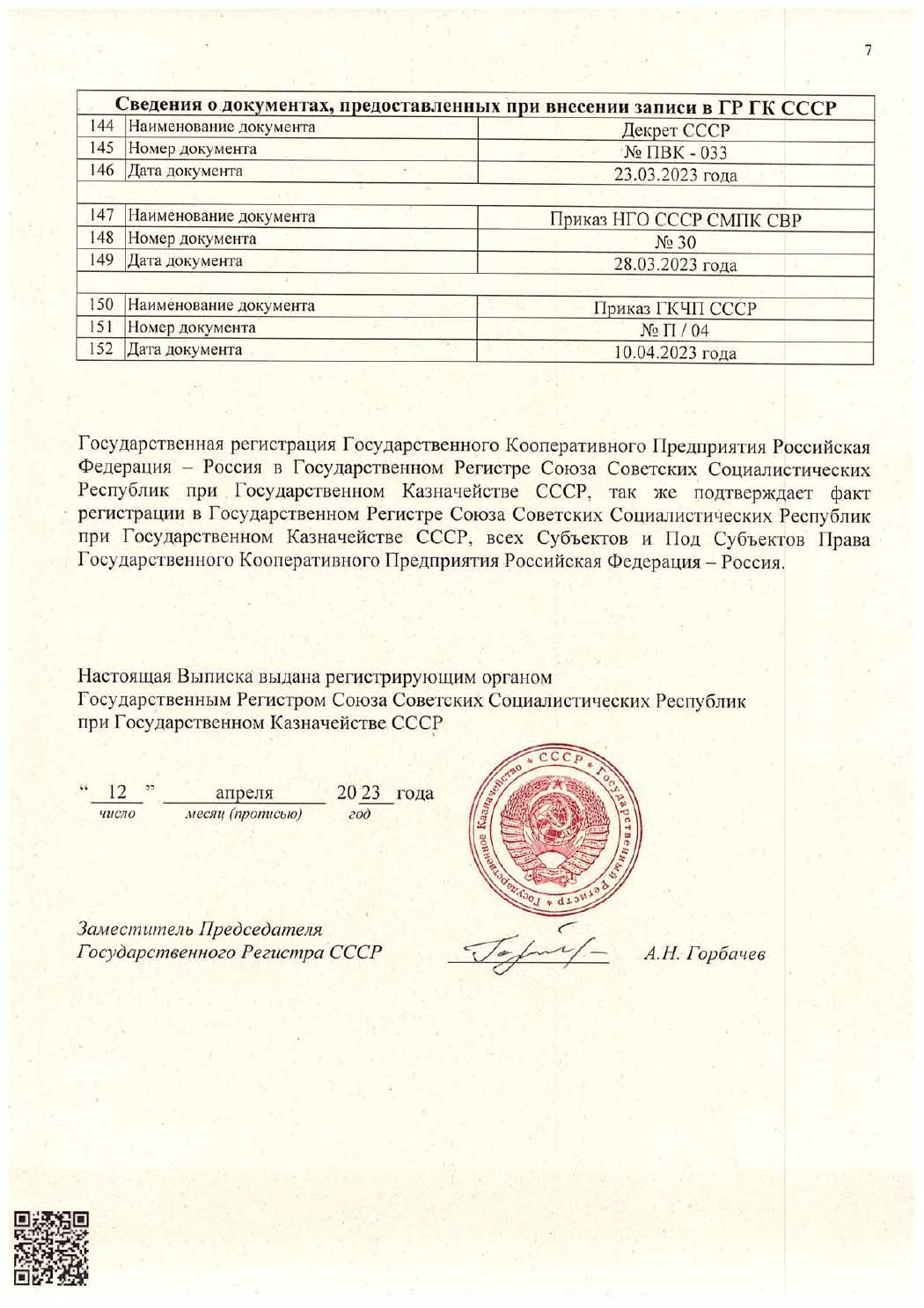 Выписка из Государственного реестра Государственного Регистра Союза Советских Социалистических Республик при Государственном Казначействе СССР